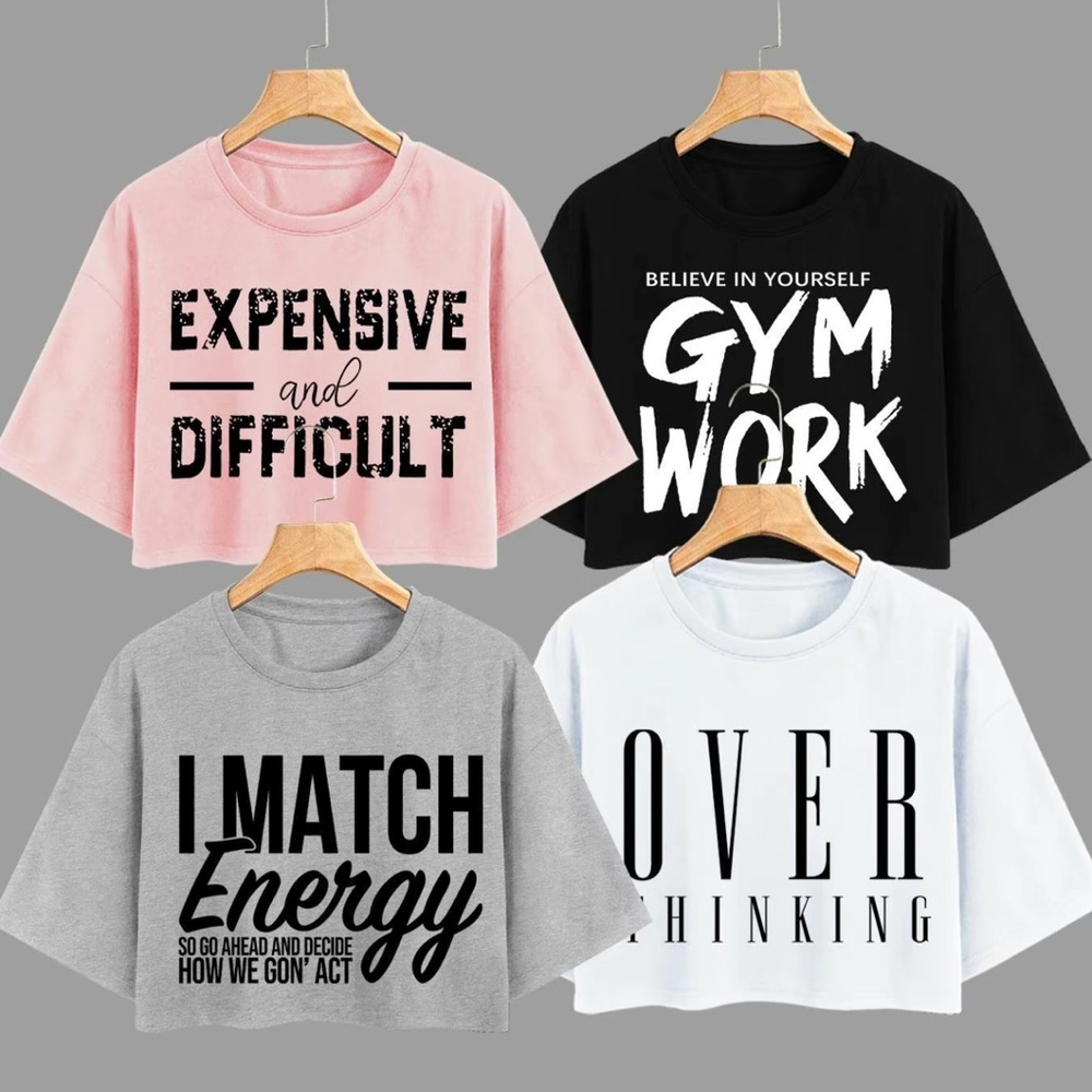 4 Trendy Graphic Women's Tops - Pink, Black, Gray, White CROPPED NWOT